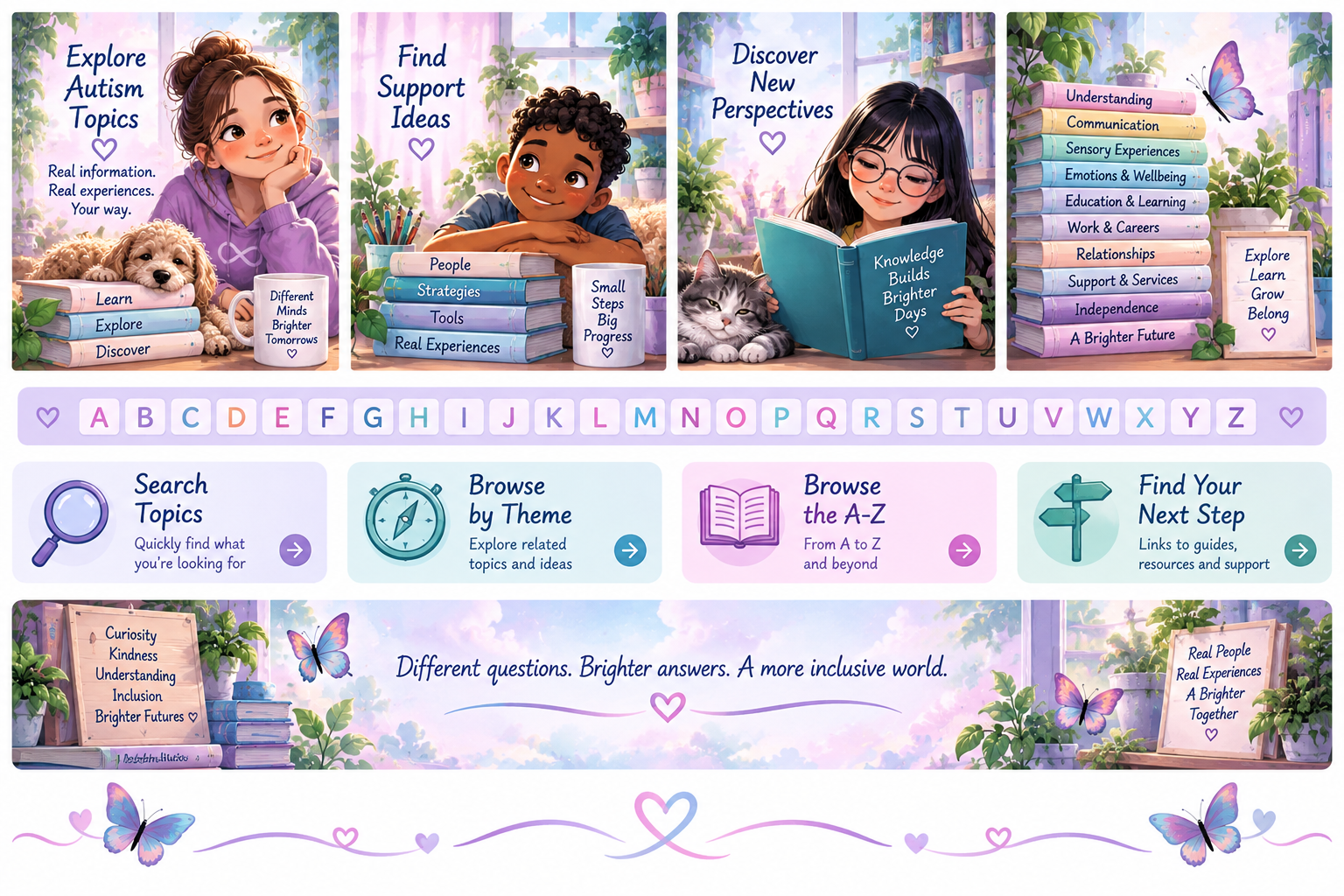 Autism Topics A–Z illustration about searching, browsing and discovering information