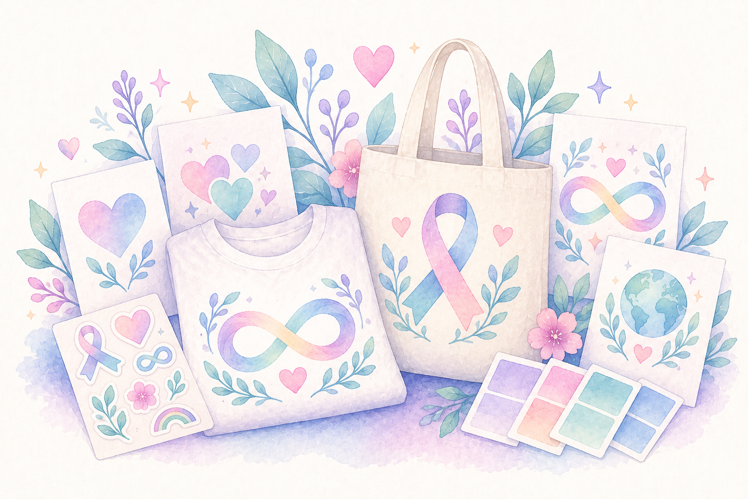 Pastel awareness merch and designs illustration.