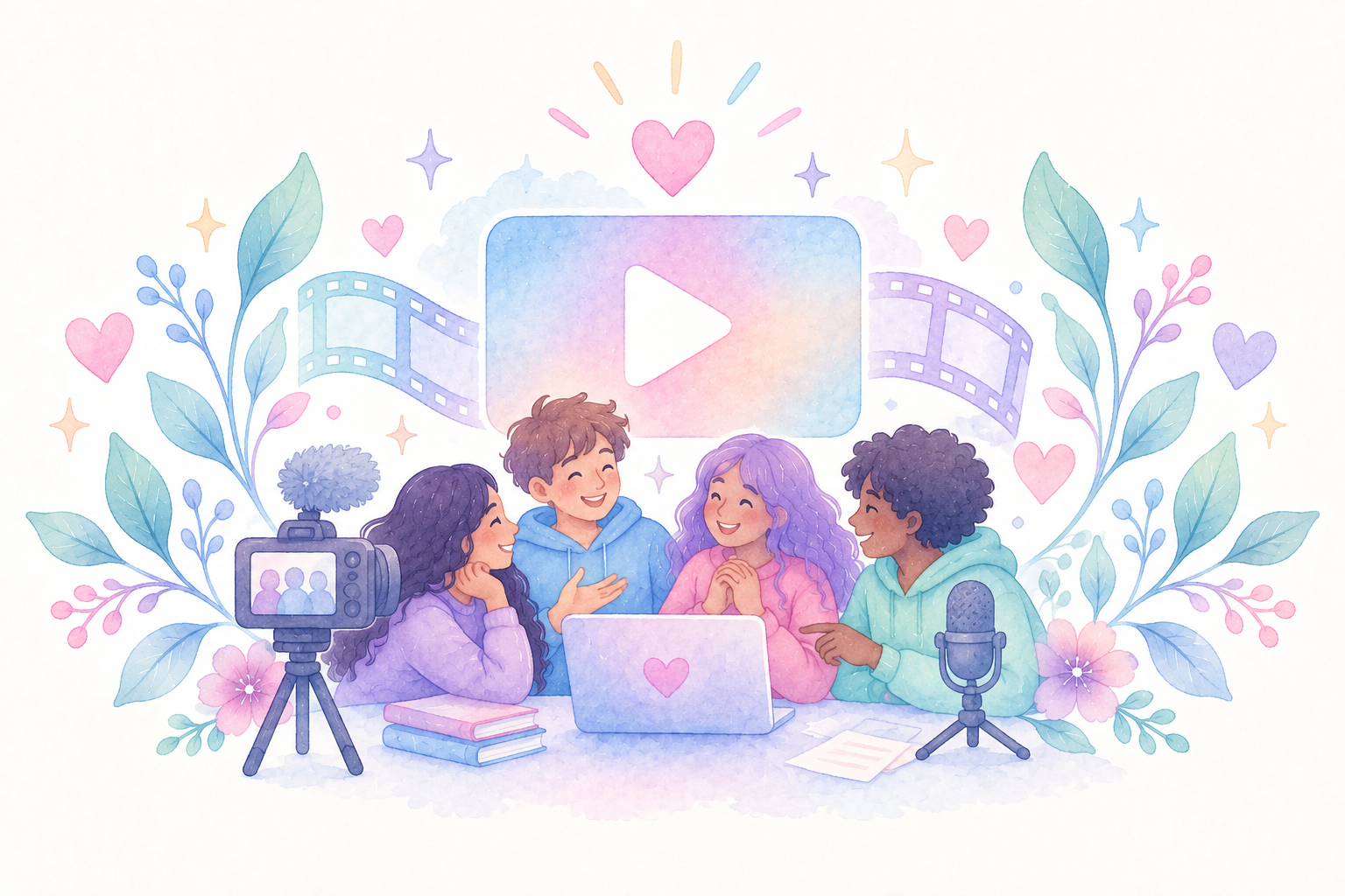Pastel videos and collaborations illustration.
