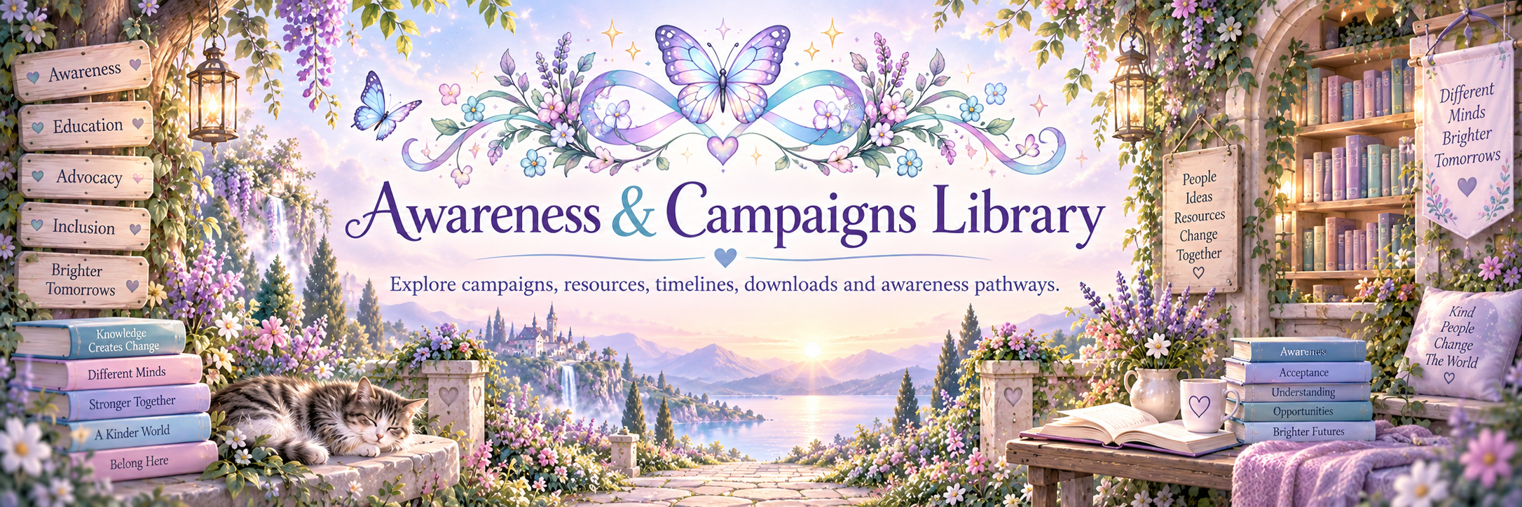 Awareness and Campaigns Library with books, calendars, campaign materials and inclusive learning pathways