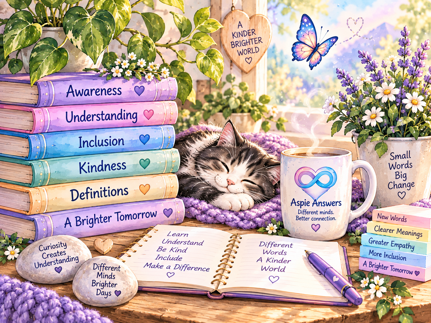 Books, definitions, awareness and learning tools in the Aspie Answers pastel style.