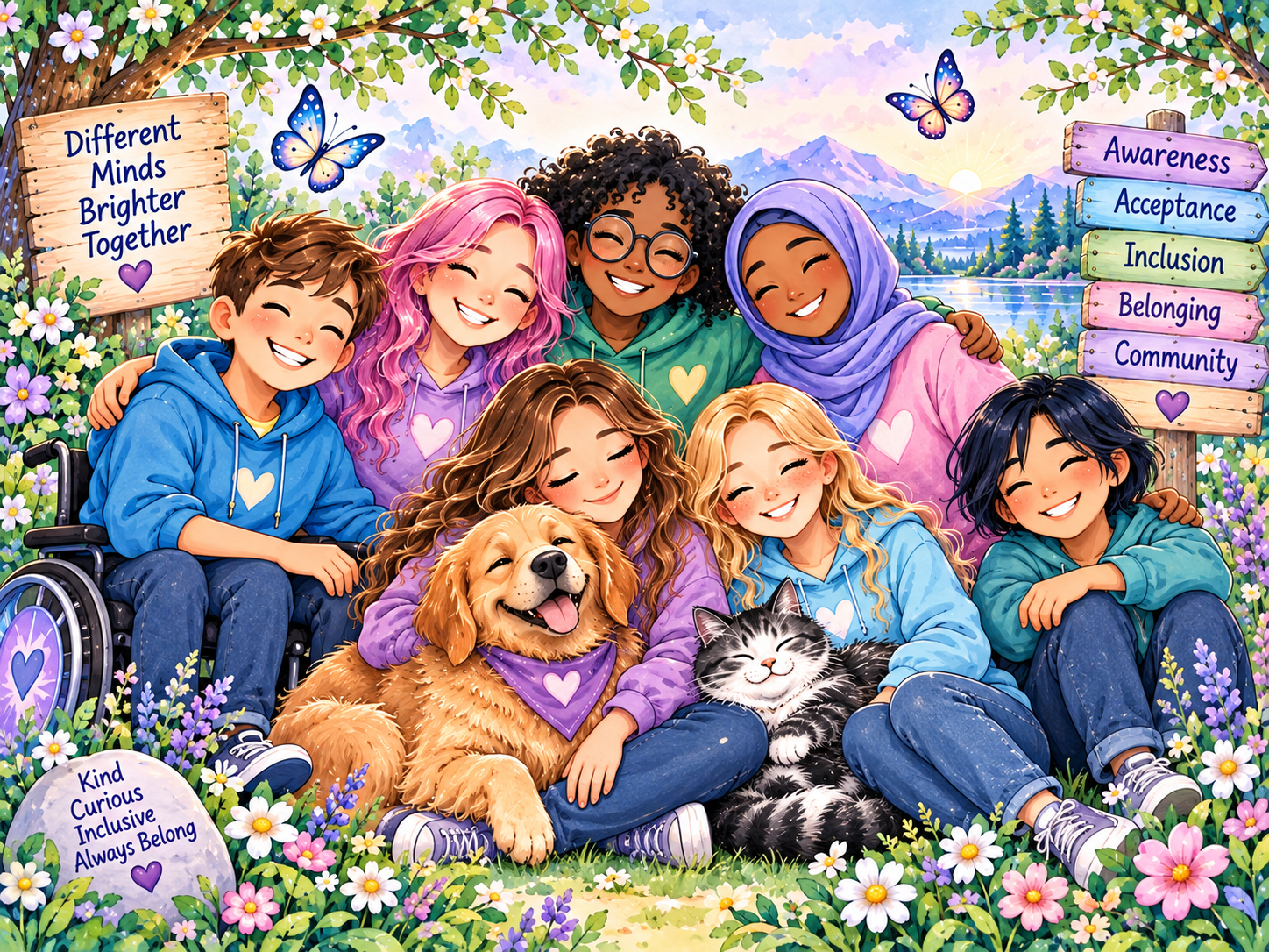 A diverse inclusive community group representing awareness, acceptance, inclusion and belonging.