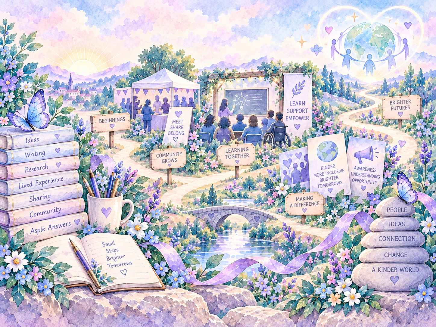 Pastel watercolor illustration representing the Aspie Answers journey through writing, community, learning, campaigns and future growth.
