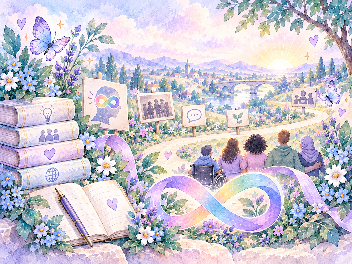 Pastel watercolor illustration representing autism acceptance, neurodiversity, self-advocacy, learning and inclusion.