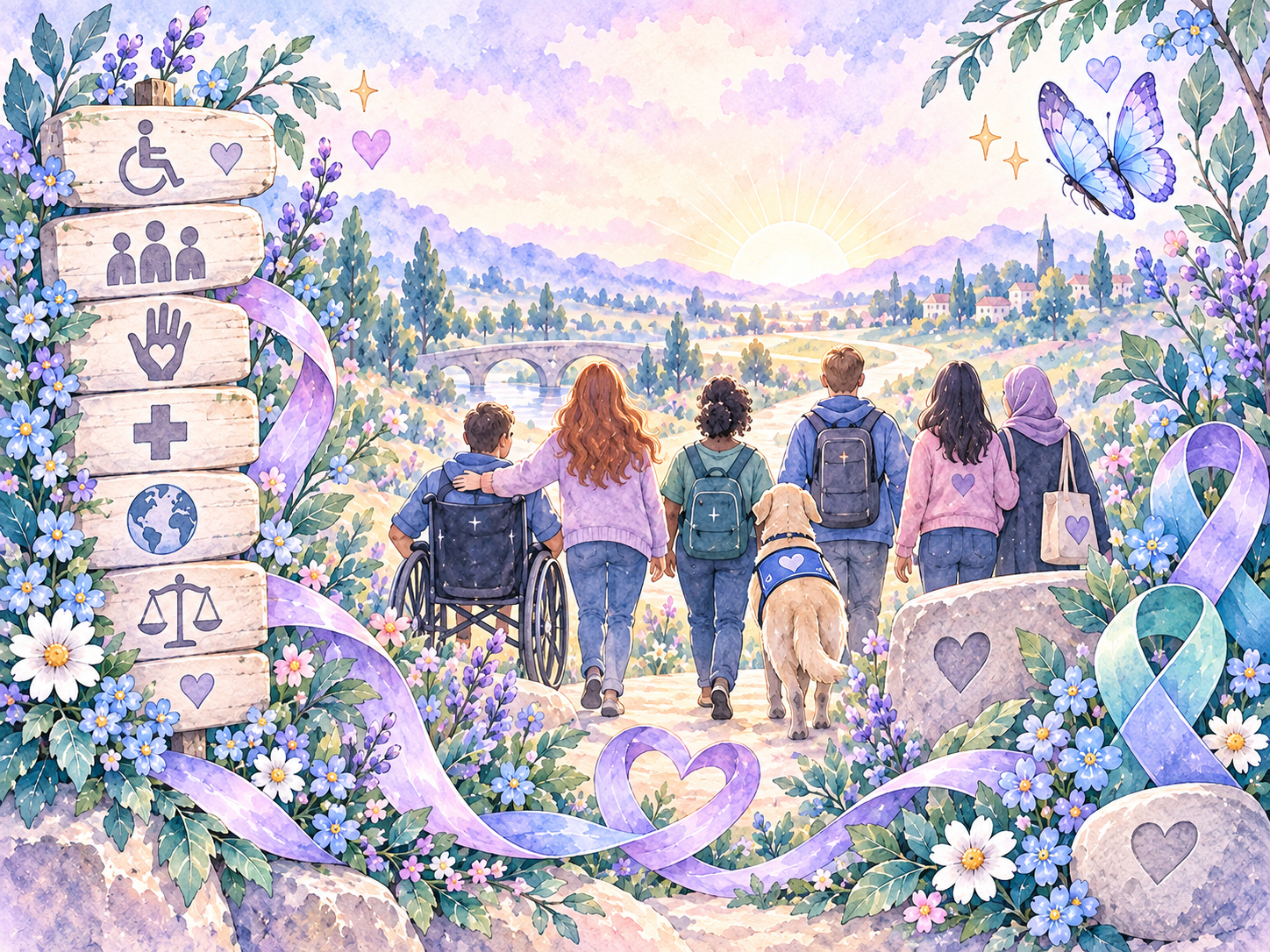 Pastel watercolor illustration representing disability rights, health awareness, accessibility, inclusion and community.