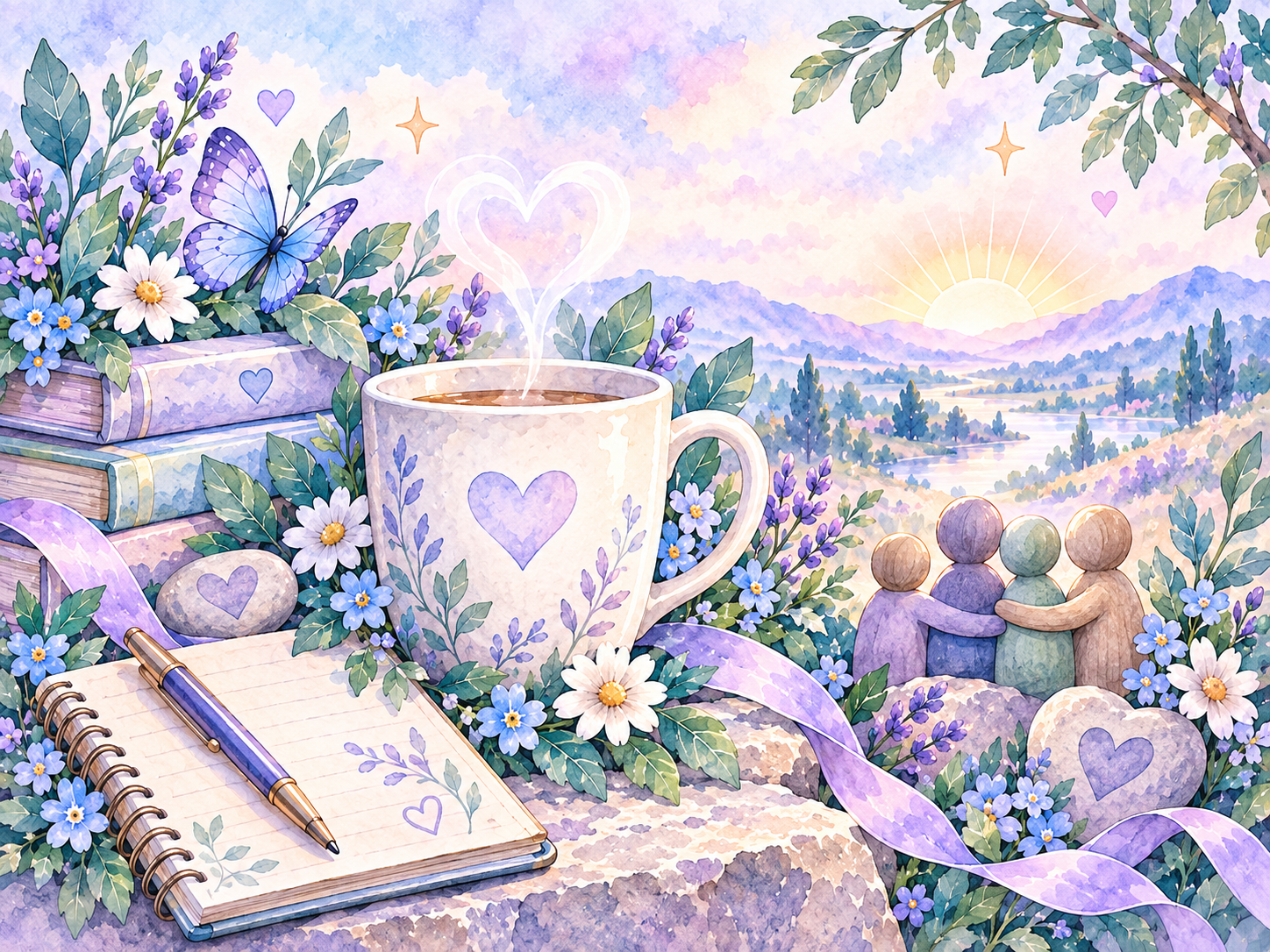Pastel watercolor illustration representing mental health, hope, gentle wellbeing, connection and supportive conversation.