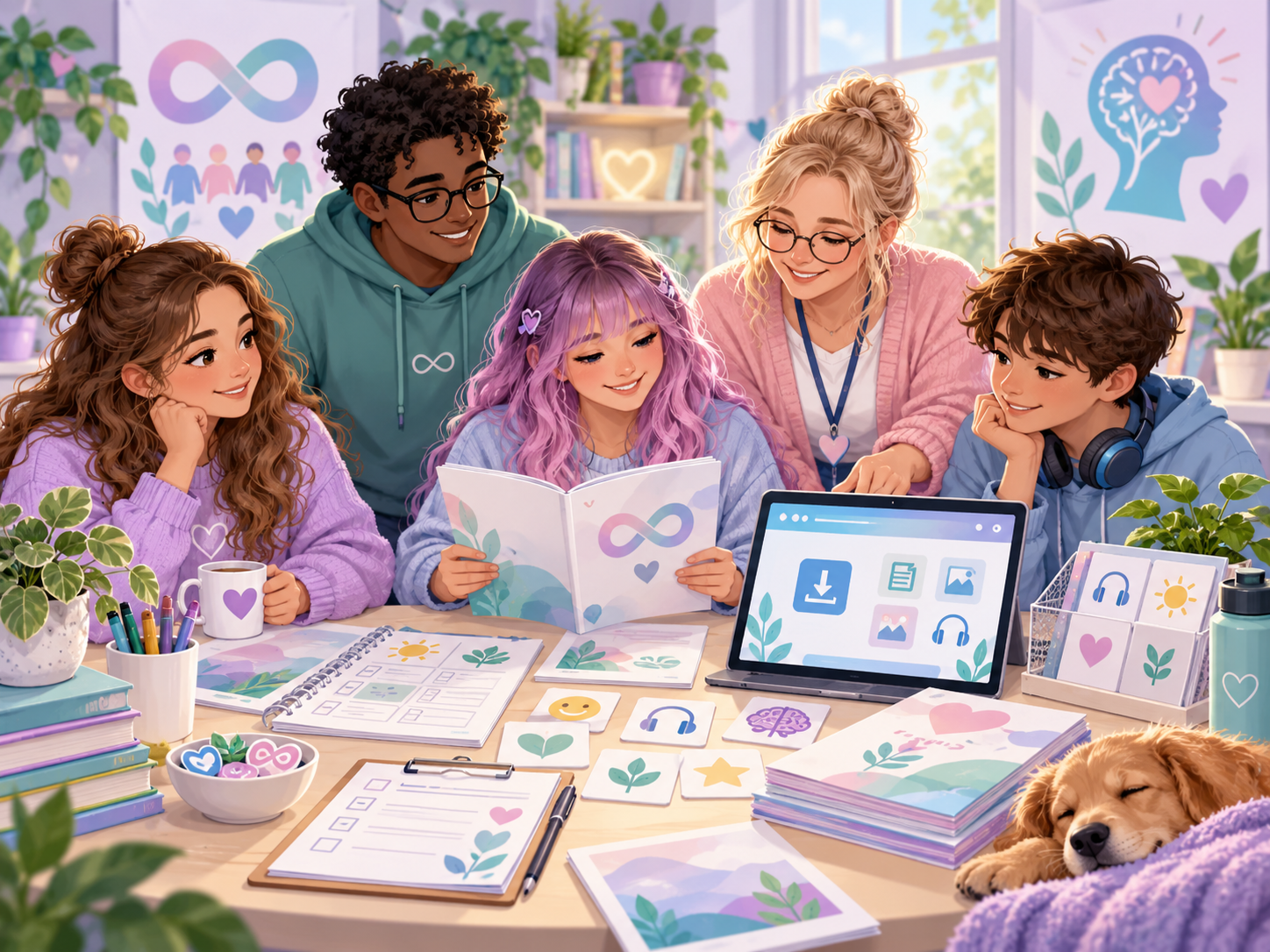 Inclusive community members using printables, visual supports, books and digital awareness resources together.