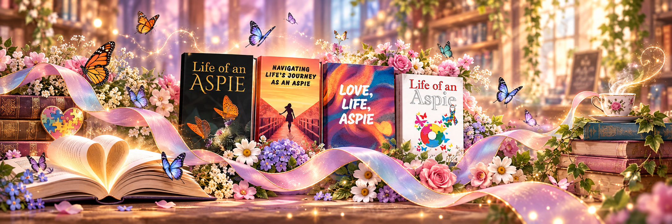 Aspie Answers book showcase featuring Life of an Aspie, Navigating Life's Journey as an Aspie and Love, Life, Aspie.