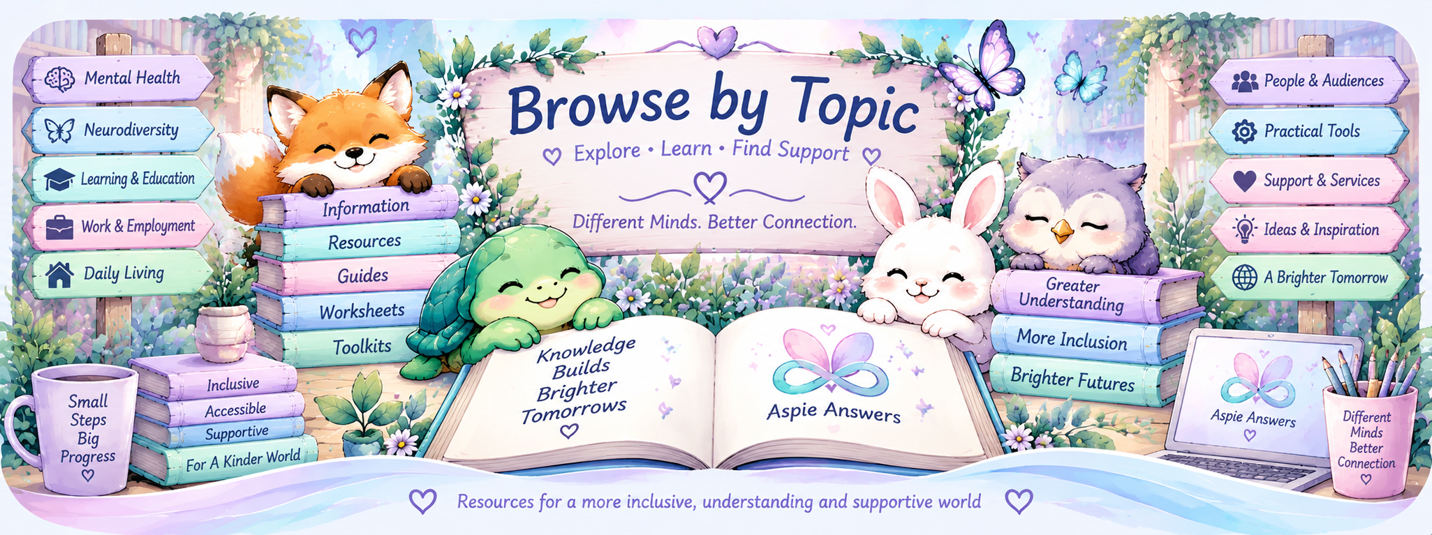 A calm Aspie Answers Browse by Topic workspace with a person reviewing resource cards beside notebooks, plants and a bright lake view