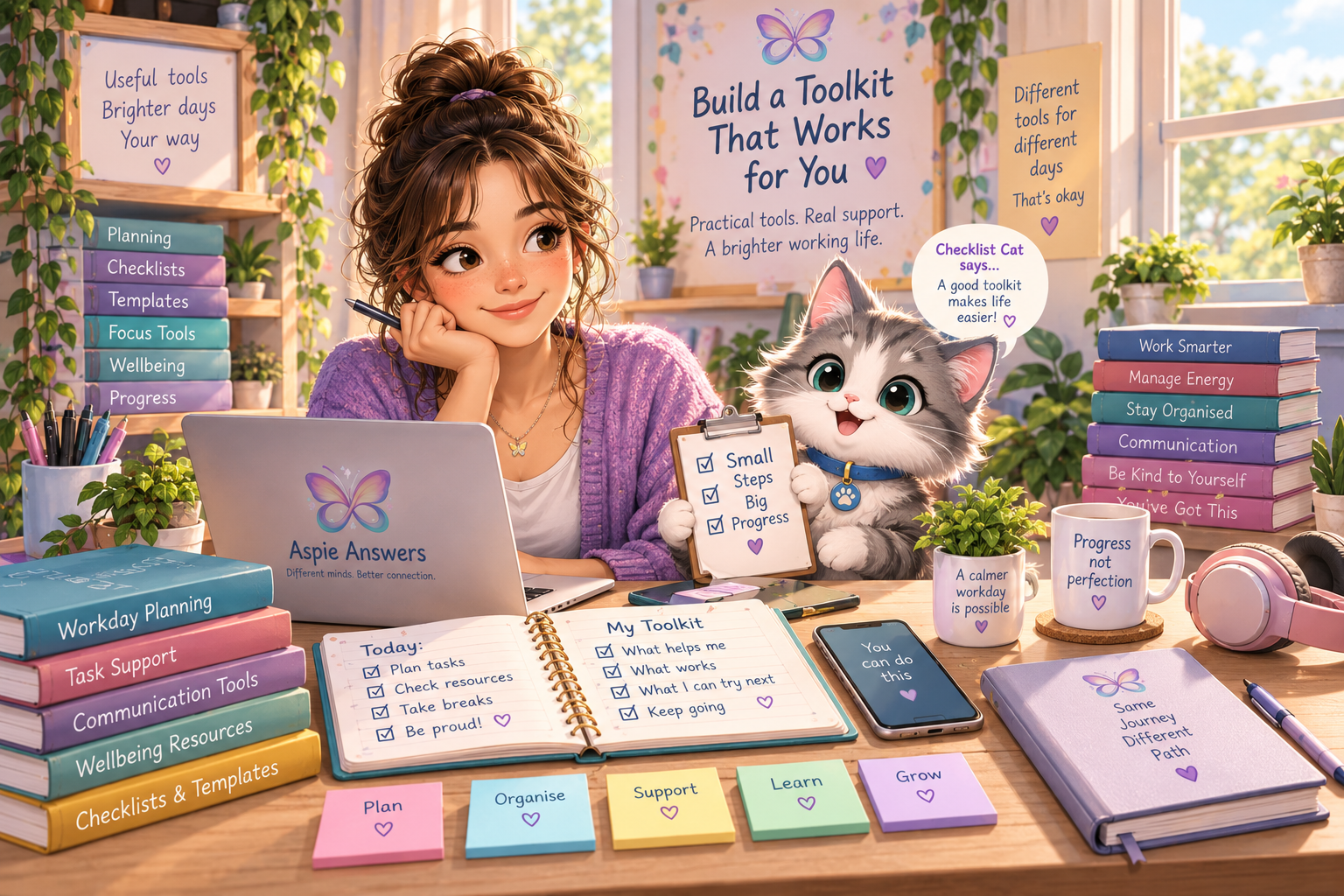 Semi-realistic workplace toolkit scene showing a person using planners, checklists and practical workplace tools with a friendly guest cat character