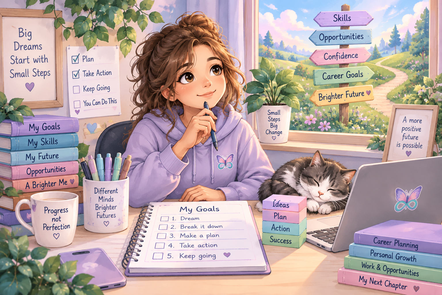 Semi-realistic kawaii career goal planning scene with a person breaking a larger goal into small steps using a planner, checklist and pathway cues