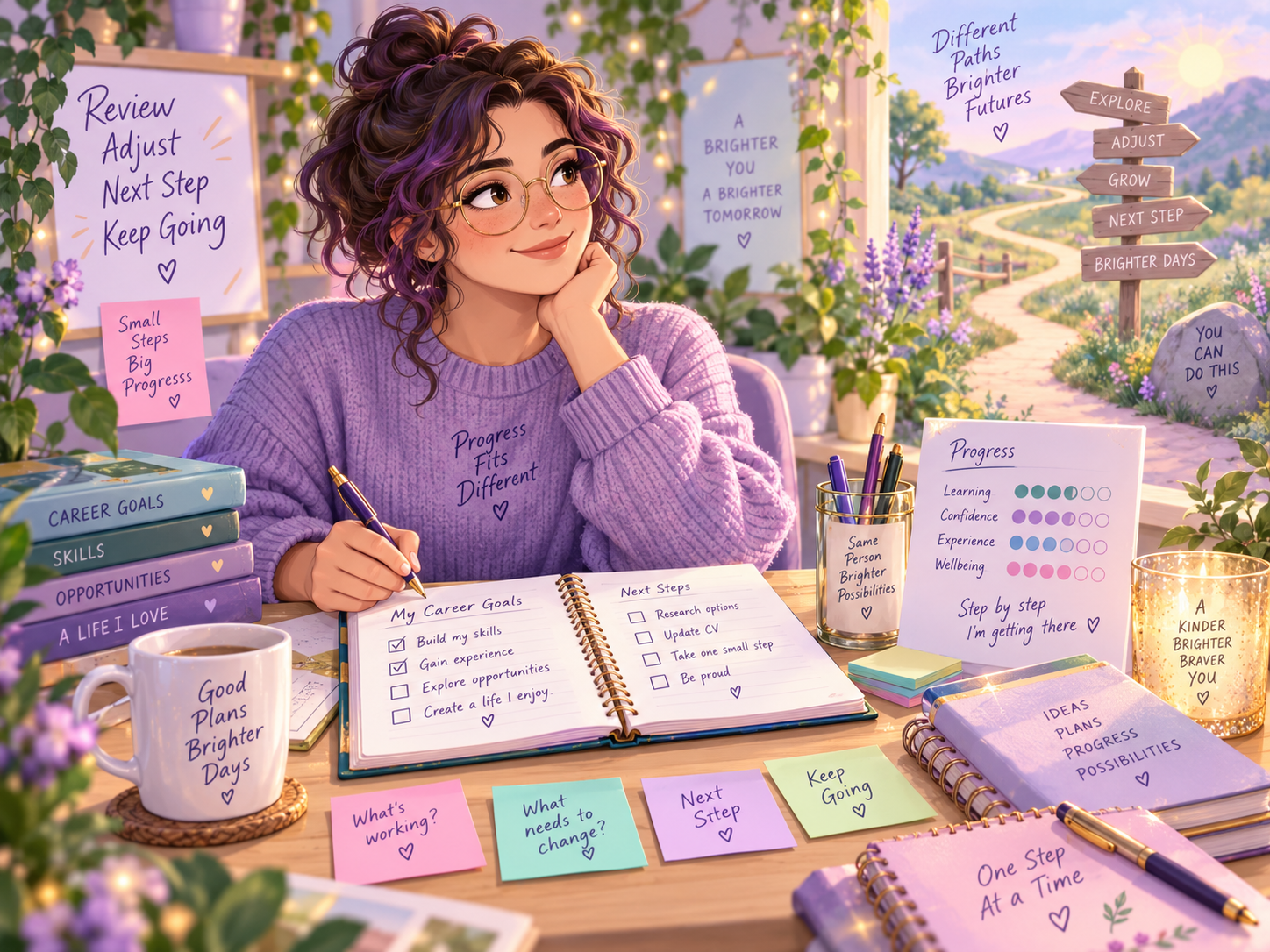 Semi-realistic kawaii goal review scene with a person reflecting on progress, adjusting a plan and choosing a manageable next step