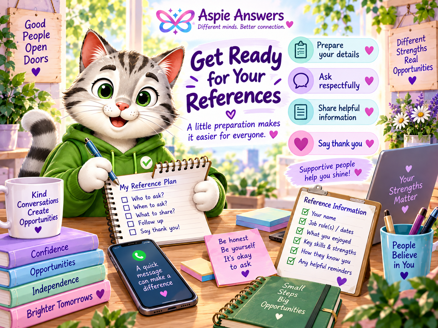 Checklist Cat preparing job reference details with a practical reference plan