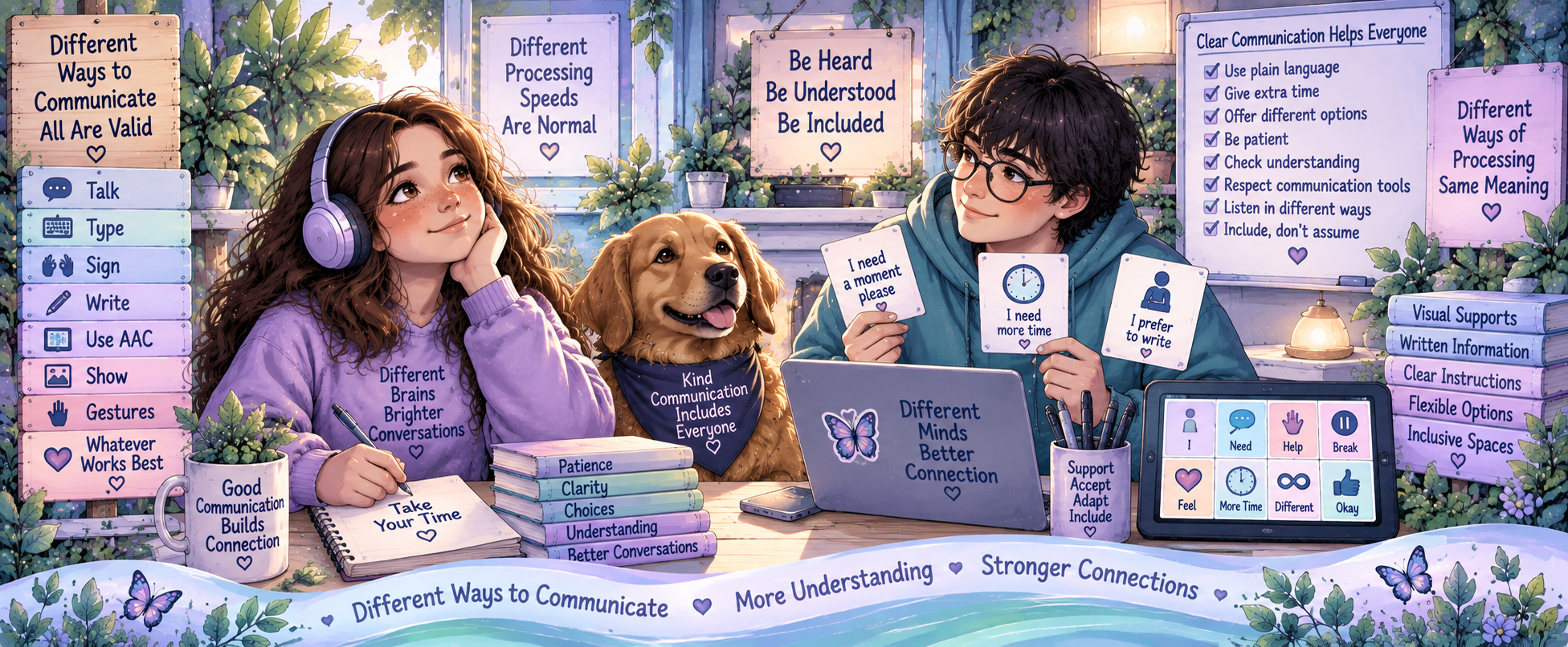 Communication and processing accessibility with written, spoken, visual and AAC options.