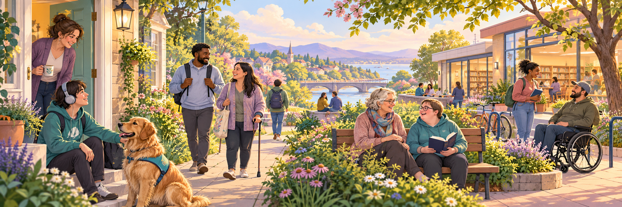 Inclusive community and daily living scene showing people at home, outdoors, using mobility supports, connecting with others and accessing community spaces