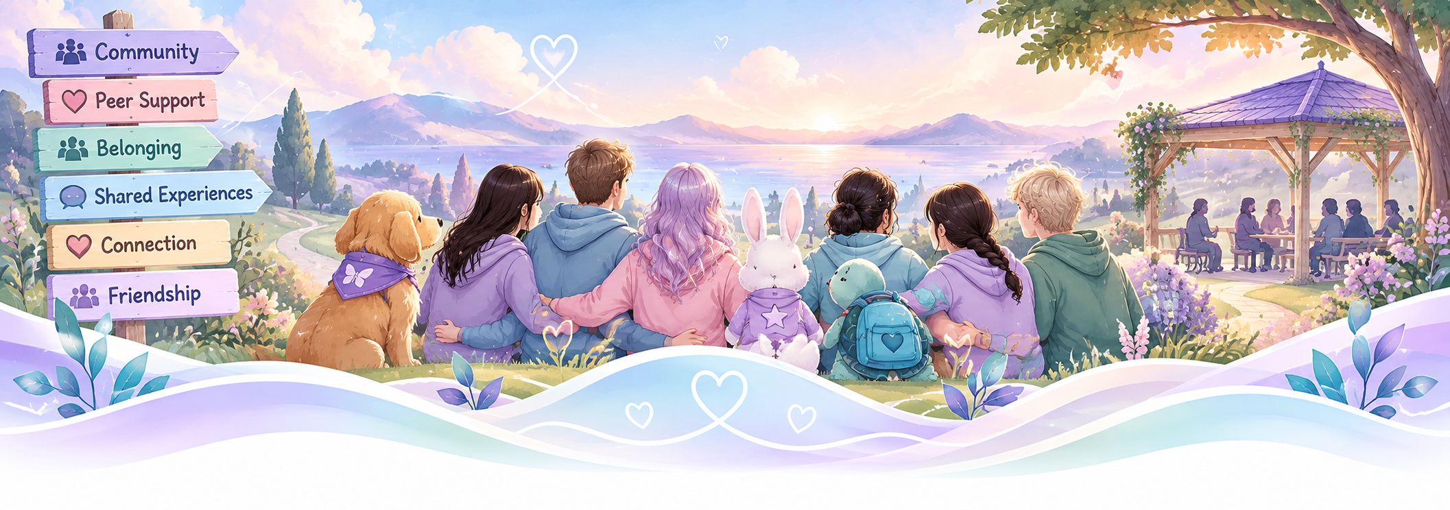 Community and peer connection pathways representing belonging, shared experiences, friendship, peer support and inclusive community spaces.