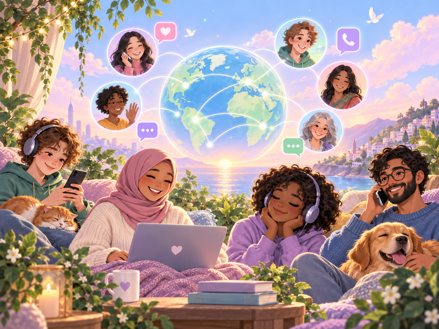 A diverse group connecting with international support by phone, chat and online communication