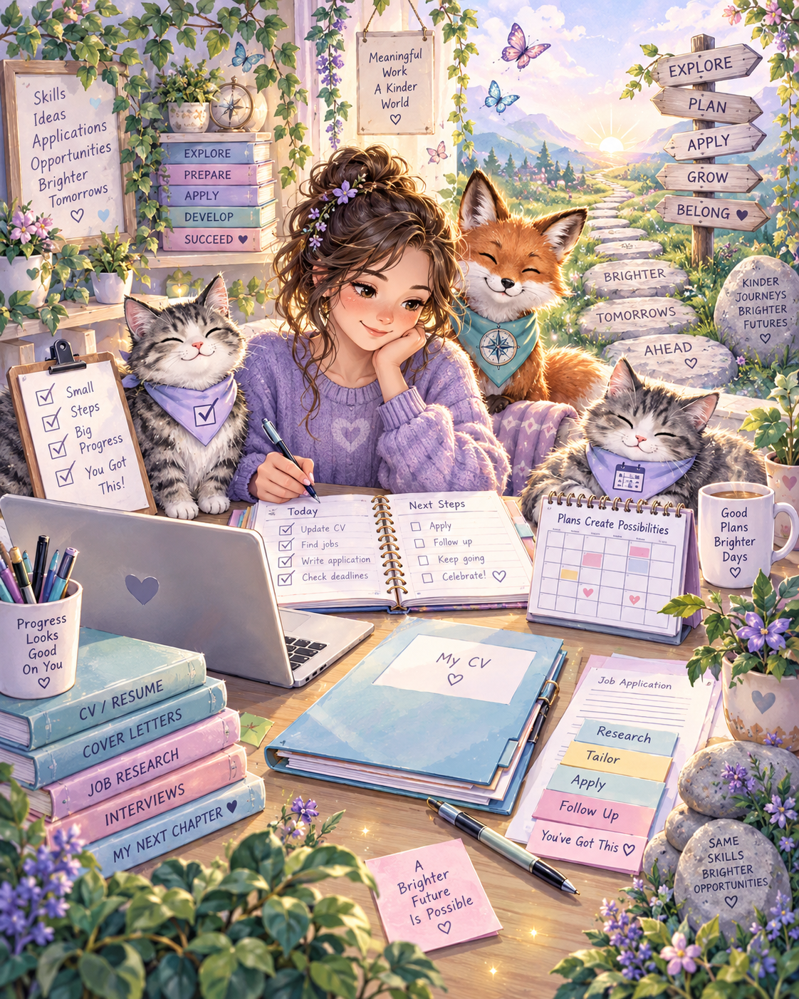 Semi-realistic kawaii person exploring possible work paths with supportive planning imagery