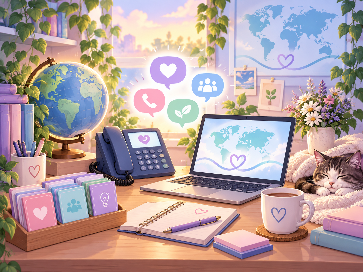 Support desk with a globe, phone and laptop representing worldwide crisis-support pathways
