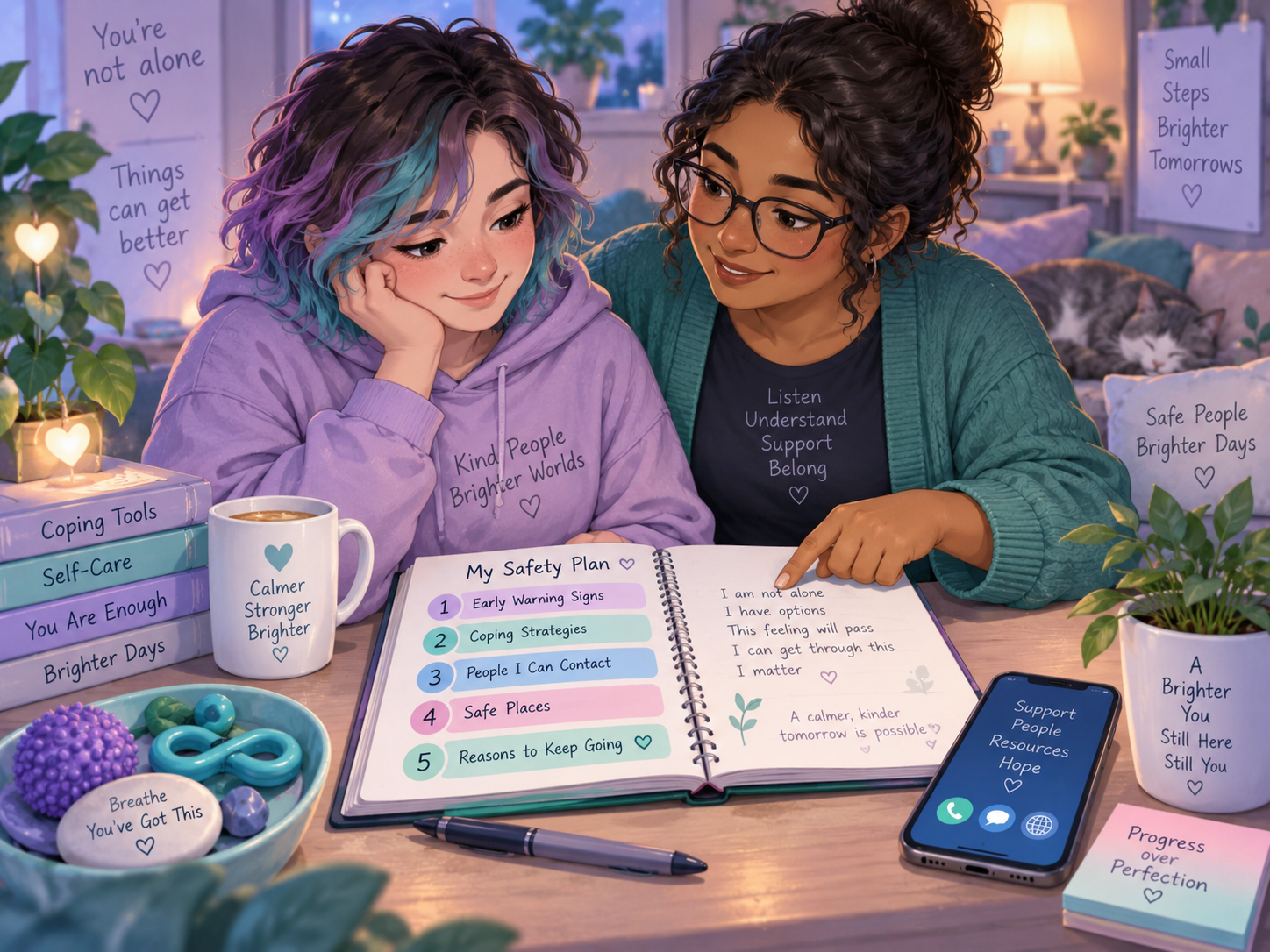Two people calmly creating a personal safety plan together