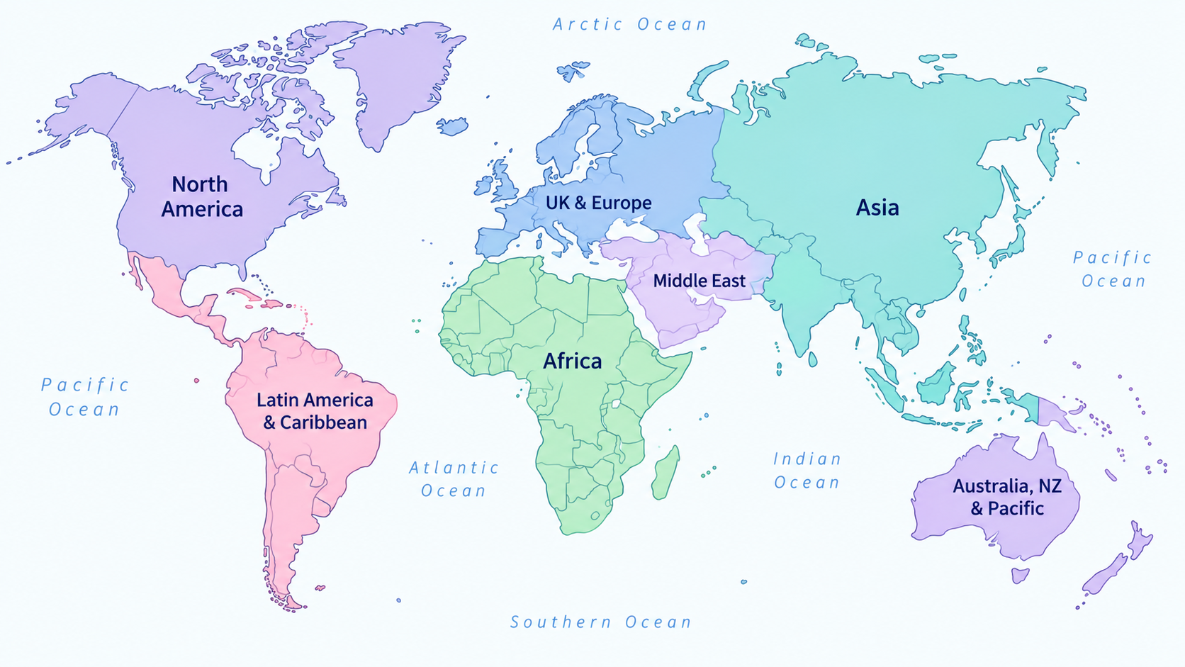 Aspie Answers pastel world map showing eight support regions.