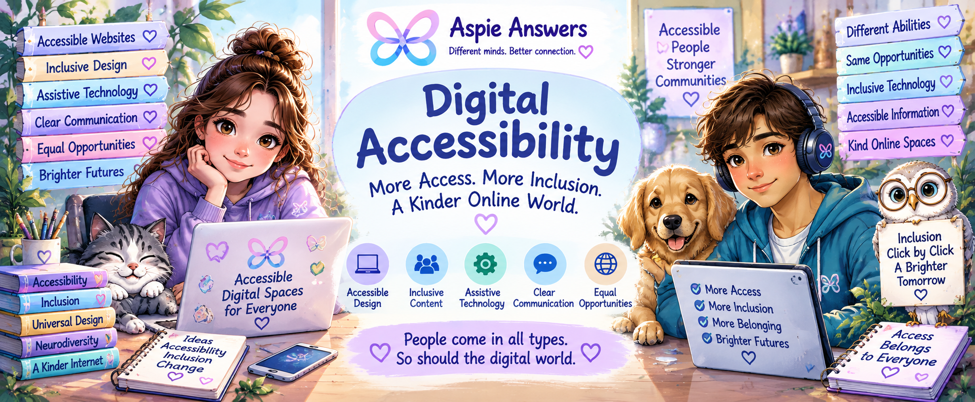Digital Accessibility — Aspie Answers illustrated banner showing inclusive digital access and different ways people can use technology.