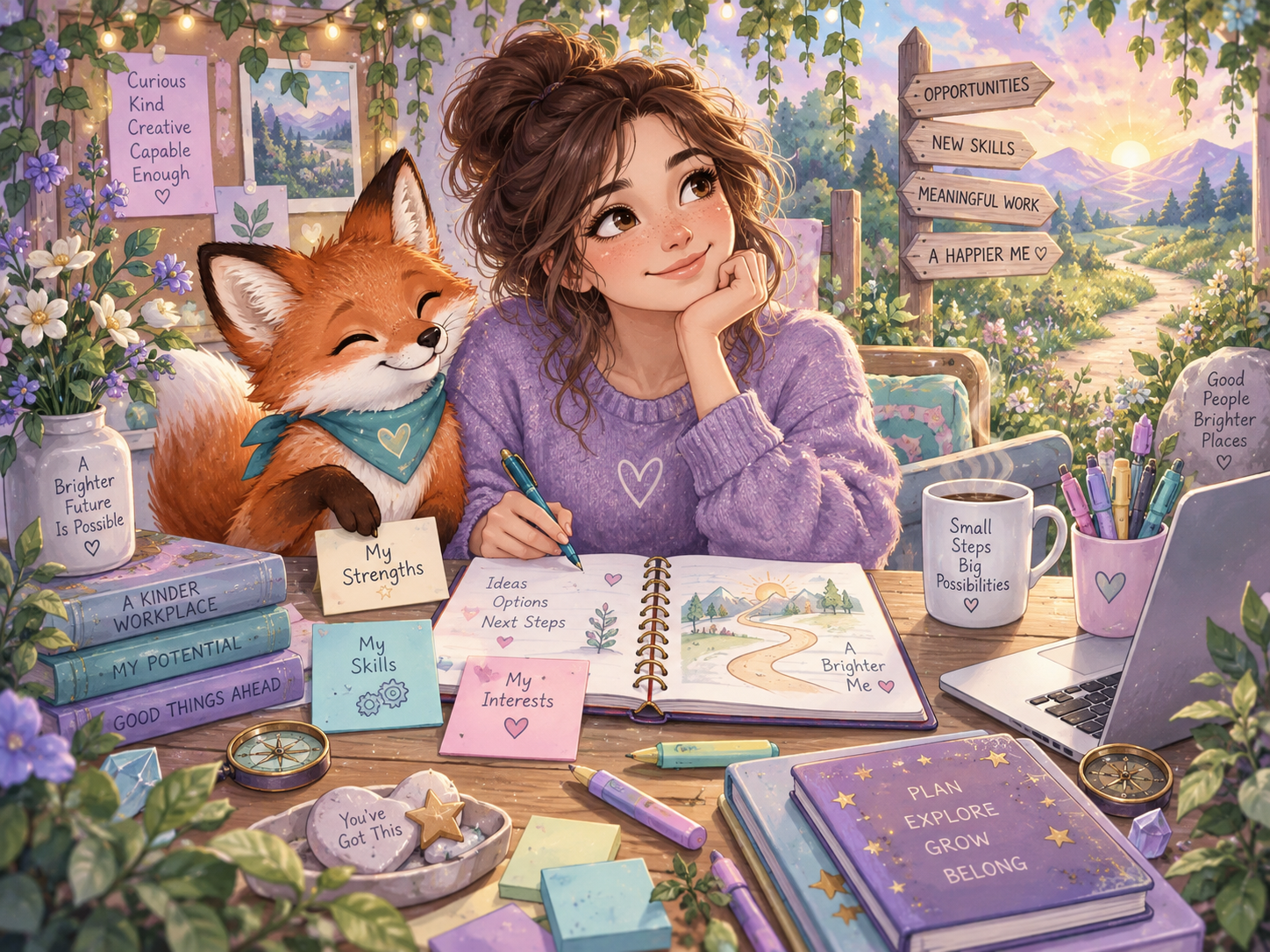 Semi-realistic kawaii career reflection scene exploring strengths, skills, interests and possible future directions