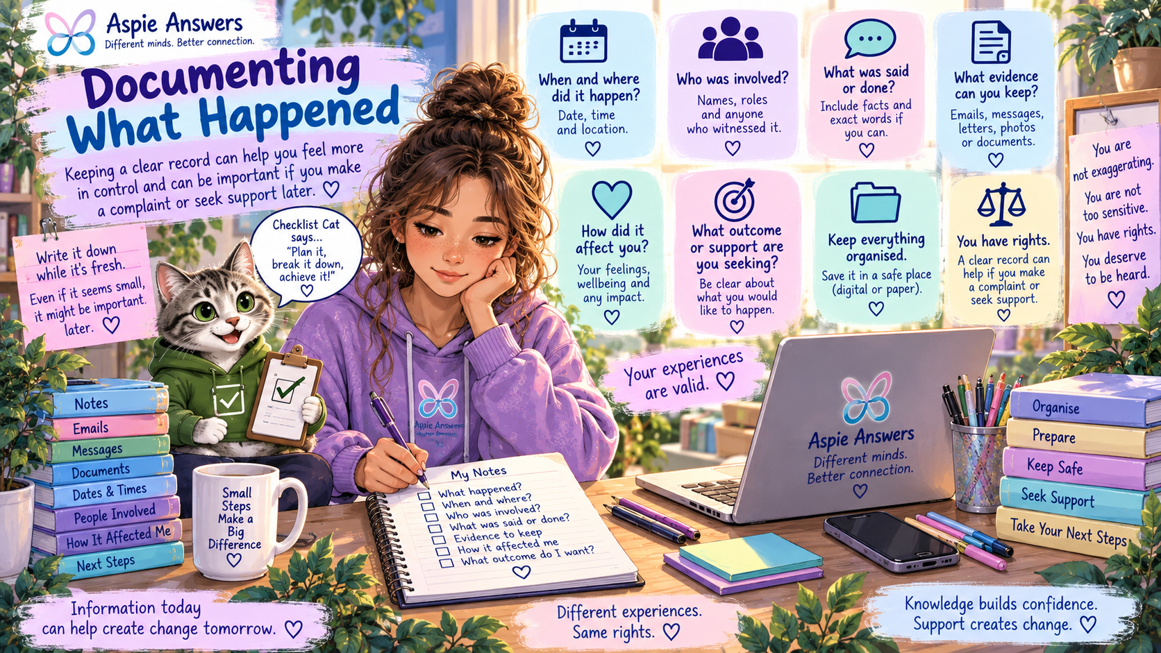 Checklist Cat illustrated guide showing useful information to record after a concerning event, including dates, people involved, evidence, impact and desired outcome.