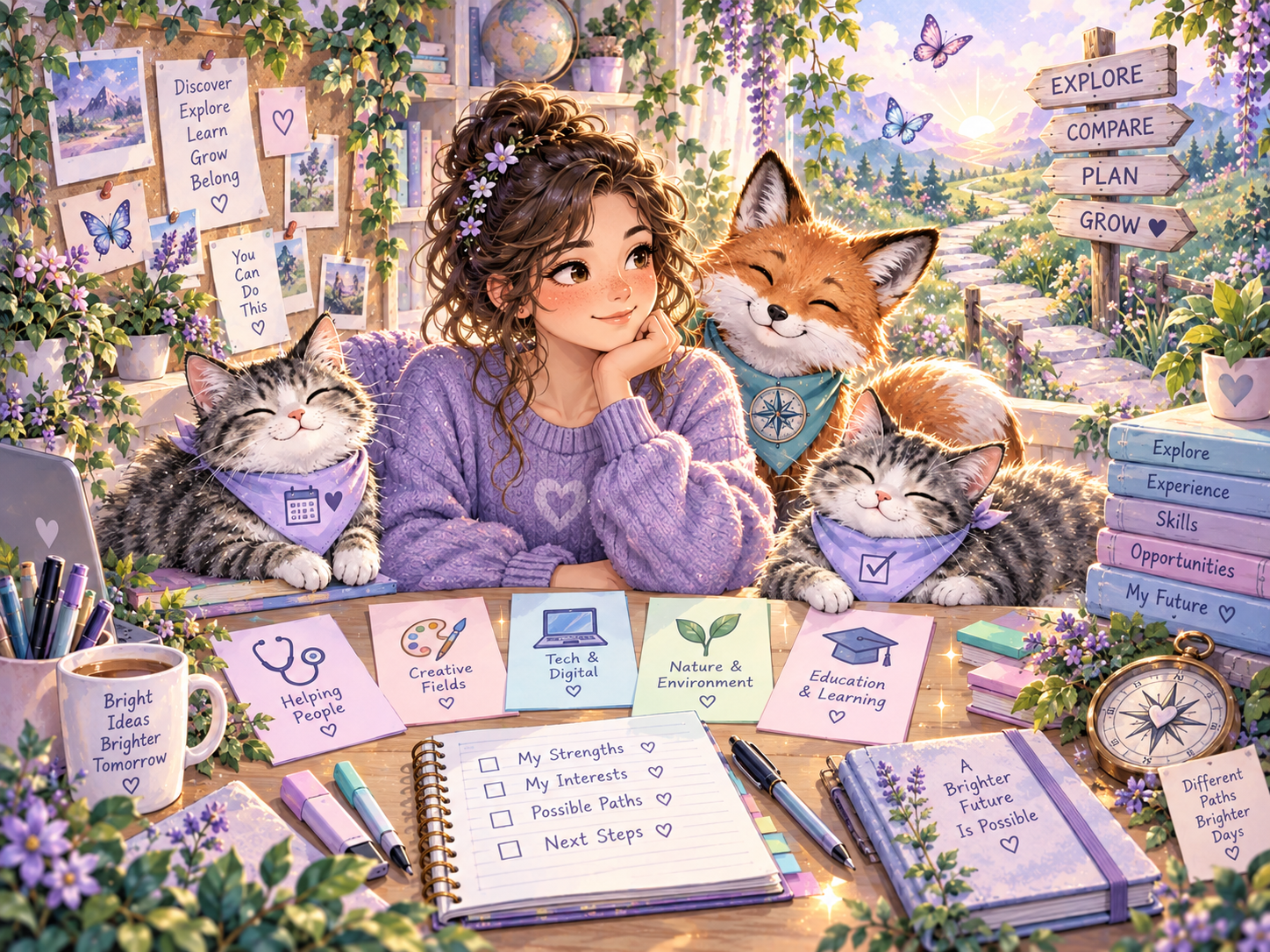 Semi-realistic kawaii person considering different career possibilities with planning notes, pathway signs and gentle work themes