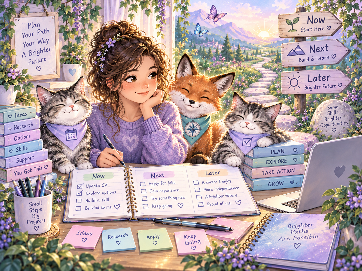 Semi-realistic kawaii career-planning scene with a Now, Next and Later plan, gentle pathway imagery and practical next steps