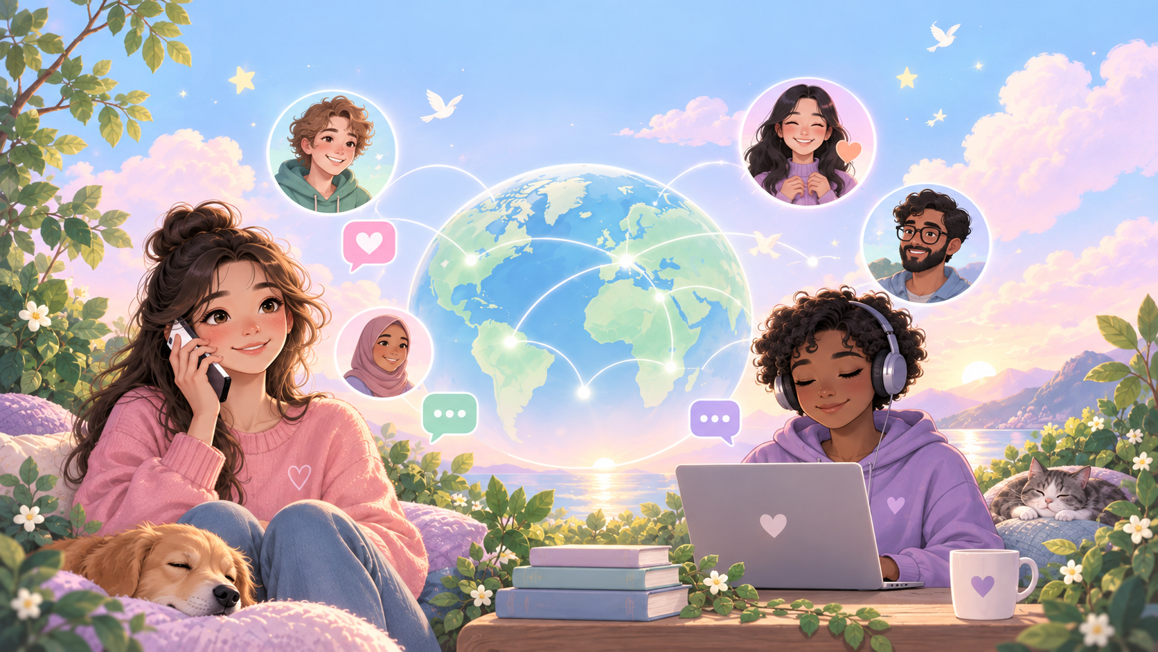 People using phone and online support while connected across a world map