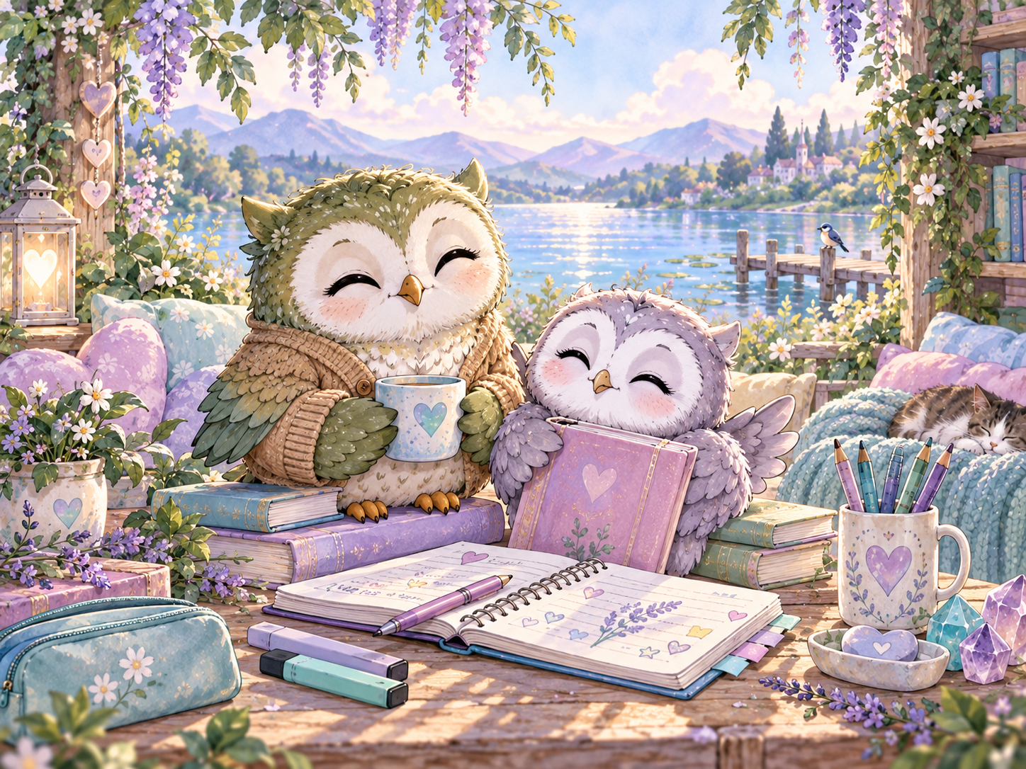 A calm lakeside learning scene with two friendly owls, books, notebooks and study materials