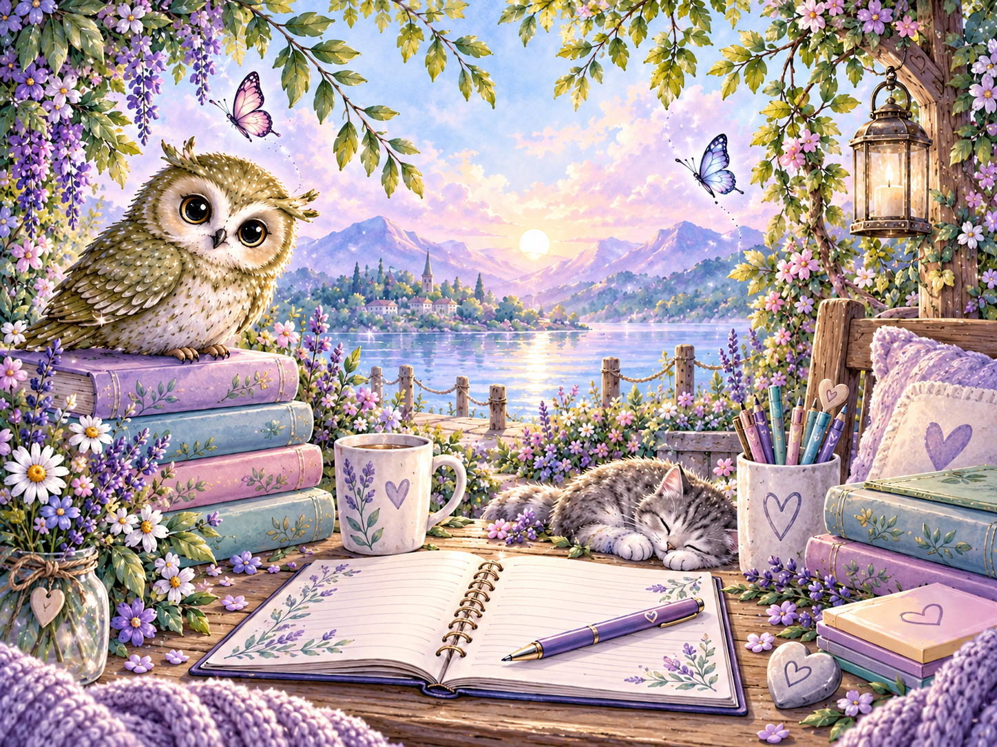 A calm pastel learning nook with books, notebook, flowers and a quiet lakeside view