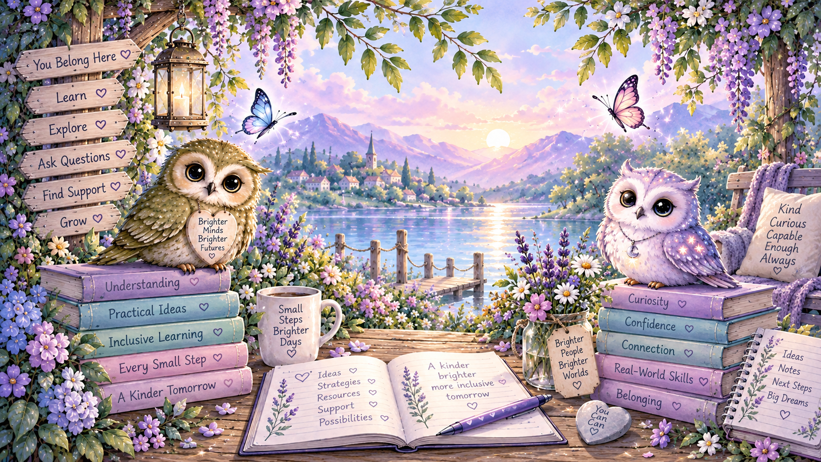 A calm pastel learning nook beside a lakeside garden