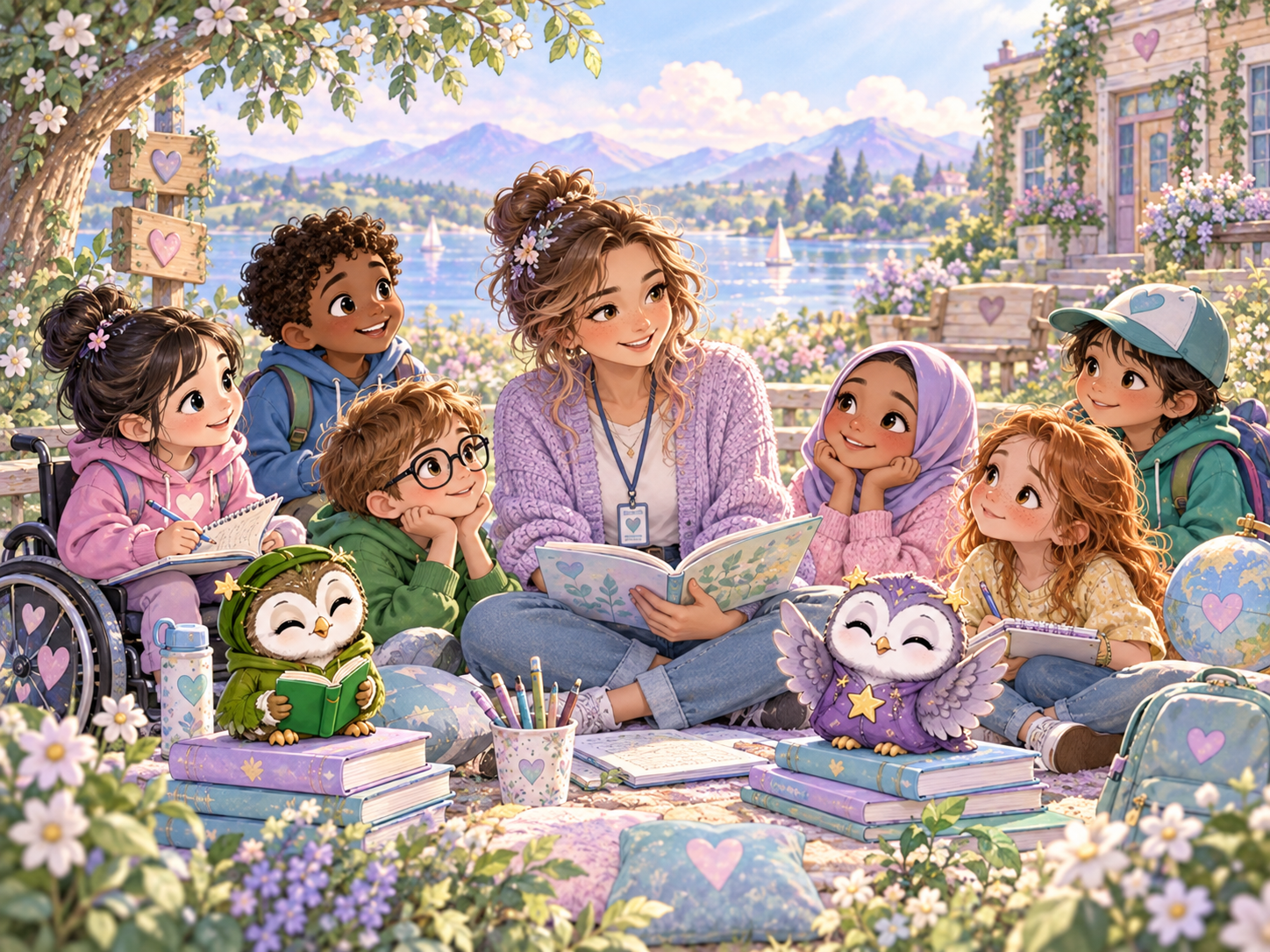 A calm pastel learning-support scene with books, stationery and a lakeside setting