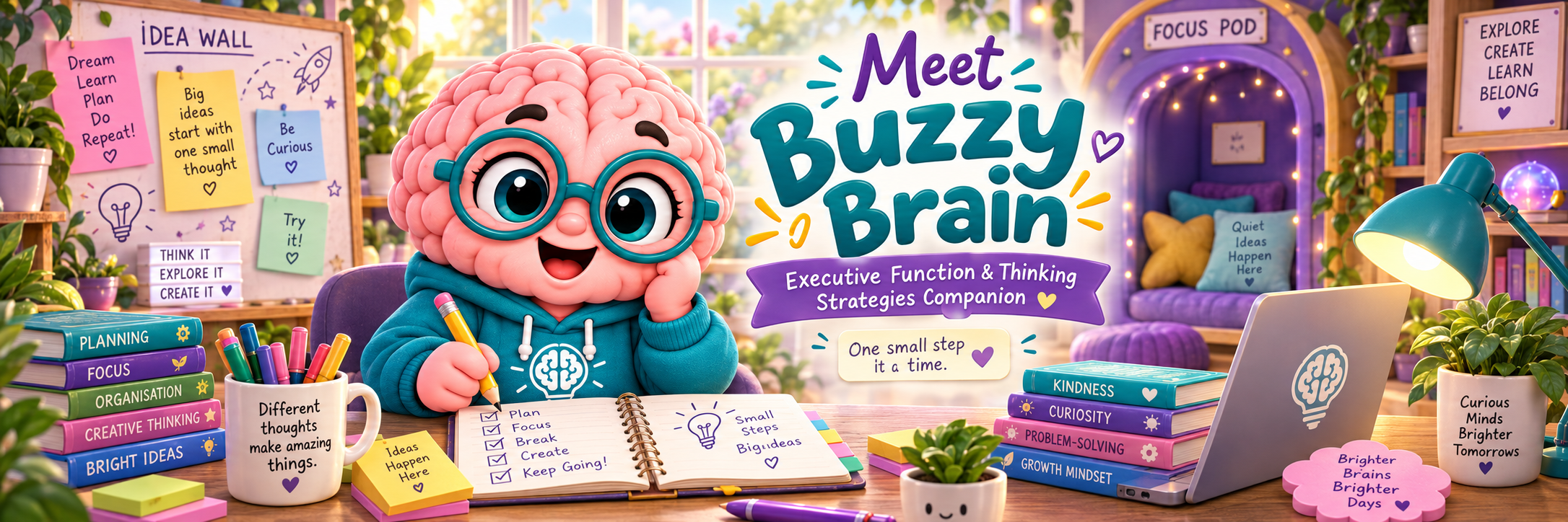Meet Buzzy Brain, the Aspie Answers executive function, focus and working memory Companion in the Idea Lab