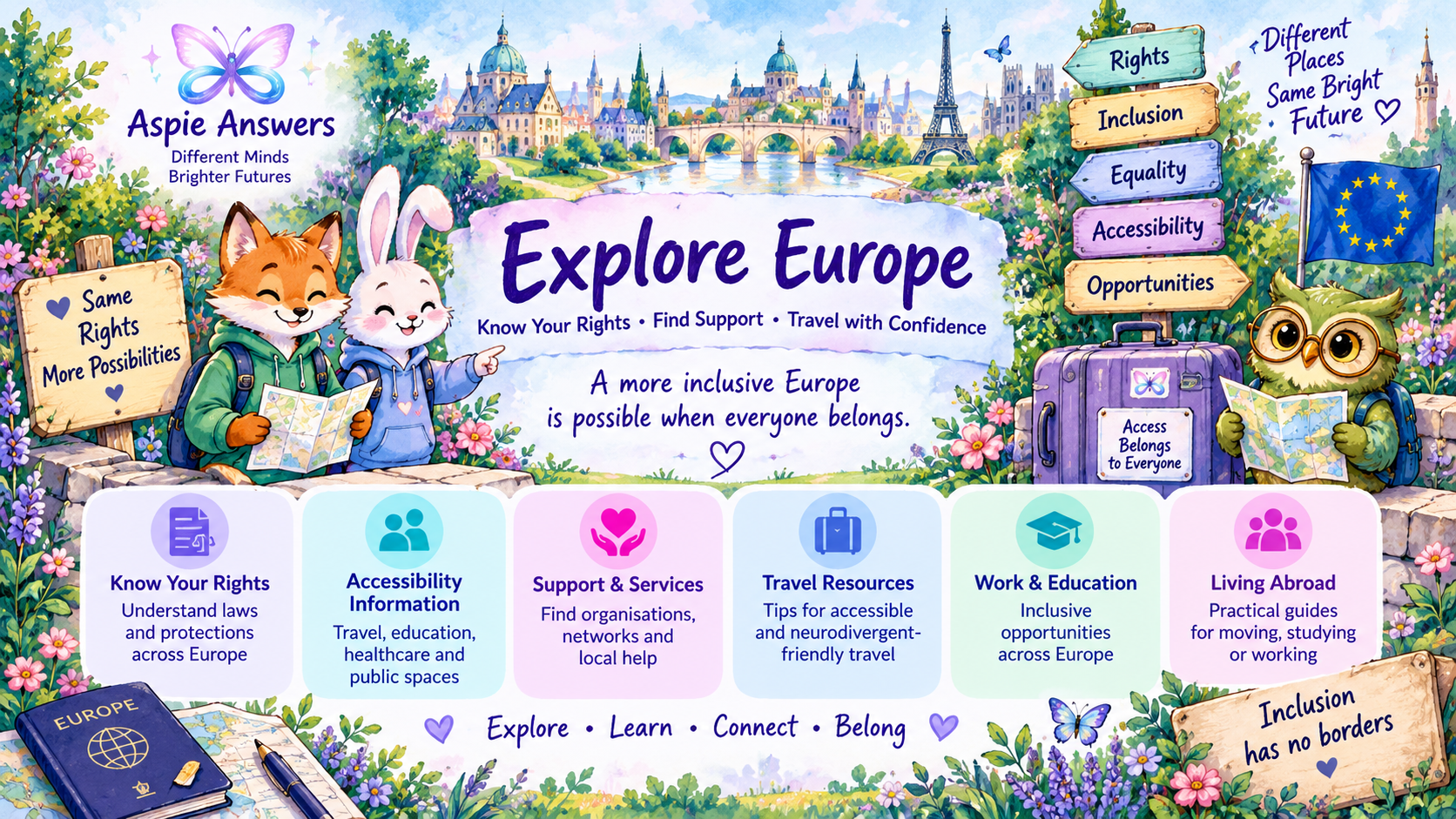 Europe rights and accessibility support pathways — illustrated guidance for finding advocacy, official information, complaints support and next steps.