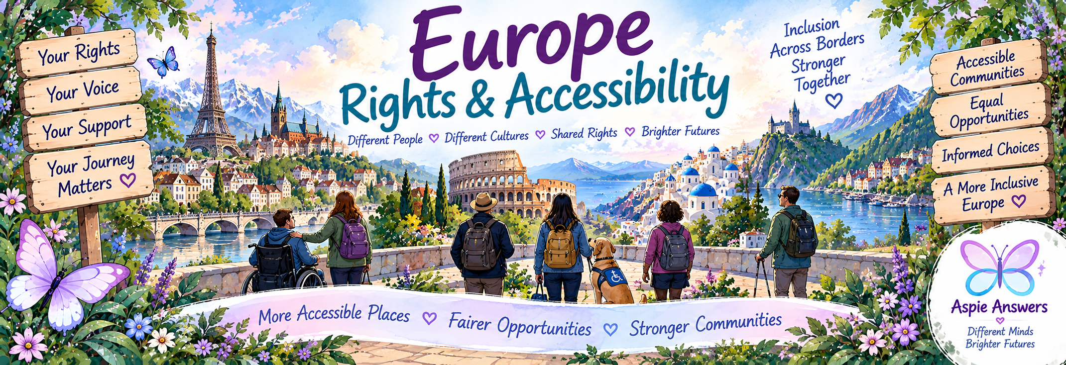 Europe Rights and Accessibility — Aspie Answers illustration representing disability rights, accessibility, inclusion and support across Europe.