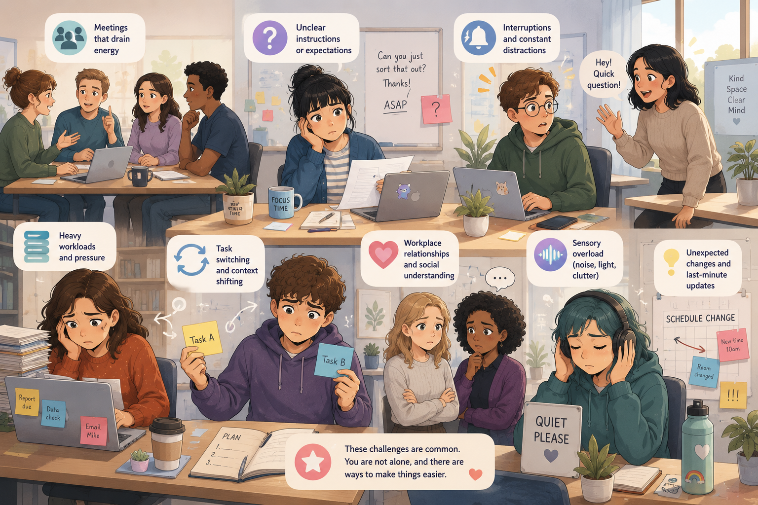 Semi-realistic illustrated workplace scene showing different everyday challenges including meetings, unclear instructions, interruptions, heavy workloads, task switching, relationships, sensory overload and unexpected changes
