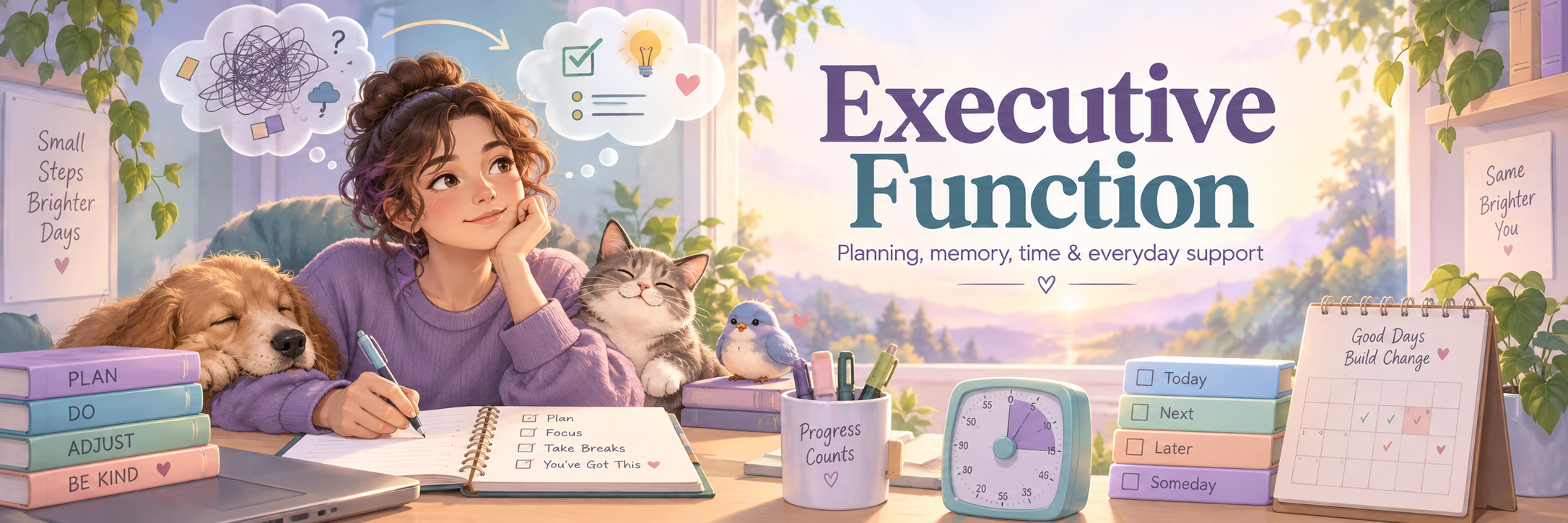 Executive Function banner with a semi-realistic kawaii person and visual planning tools
