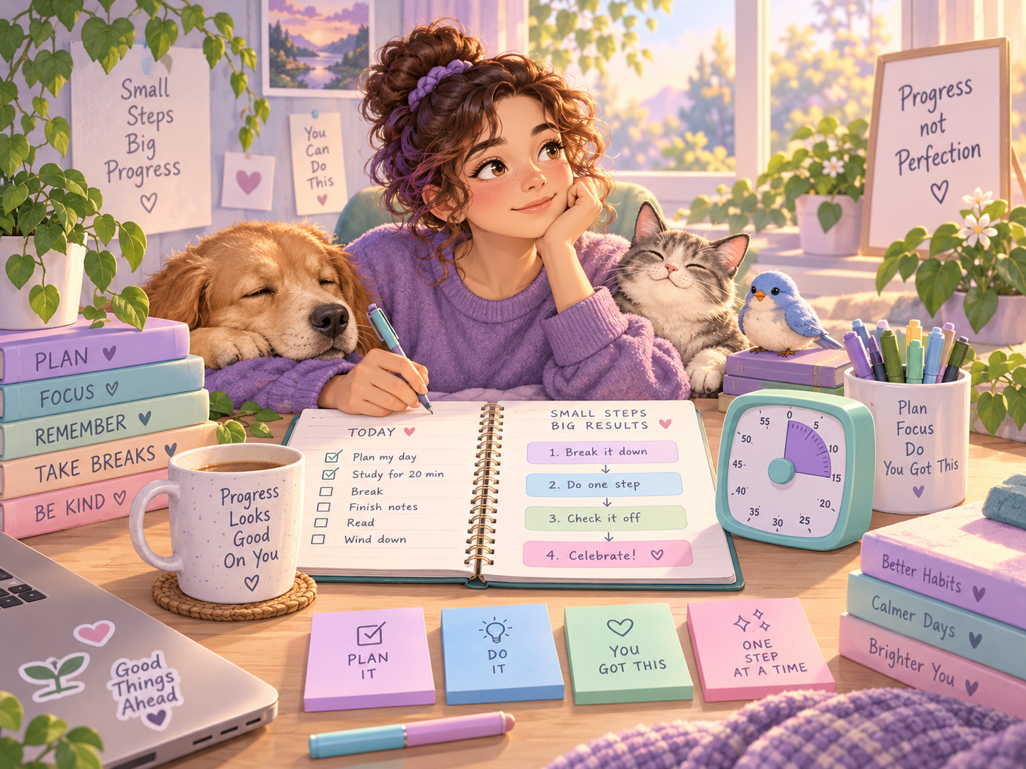 Semi-realistic kawaii person using visual planning tools, notes and a timer to organise everyday tasks