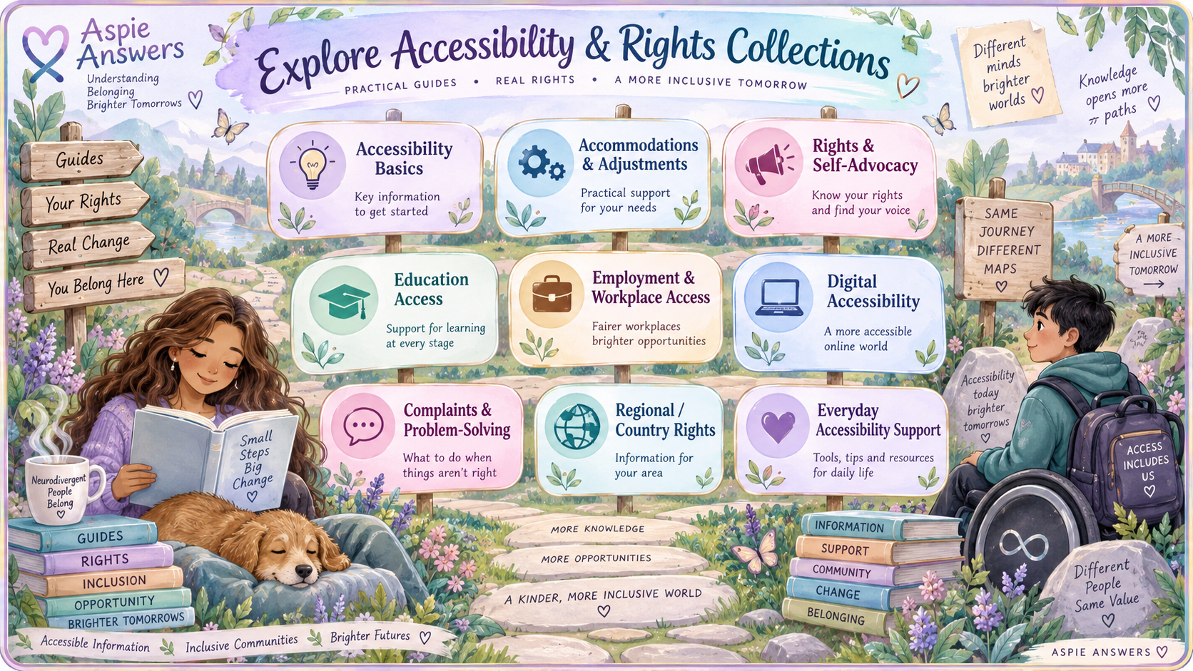 Explore Accessibility and Rights Collections infographic showing grouped pathways including accessibility basics, accommodations, self-advocacy, education, employment, digital accessibility, complaints, regional rights and everyday support.