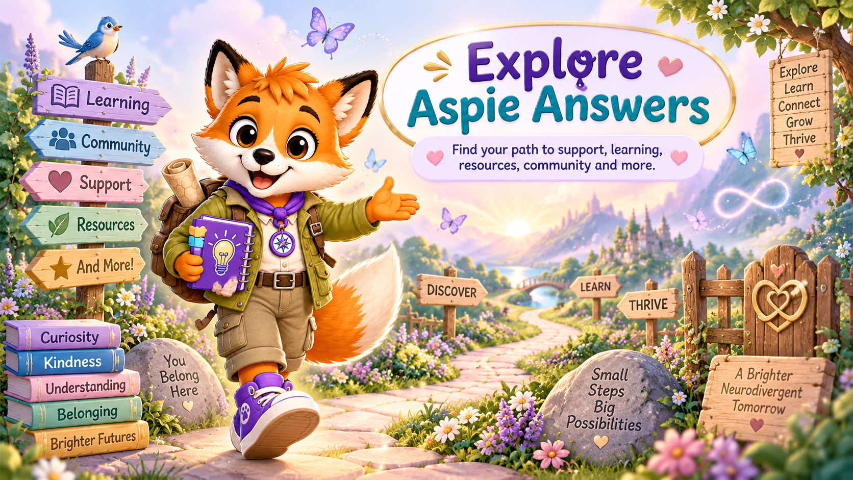 Explore Aspie Answers with Finn Fox and pathways to support, learning, resources, community and more