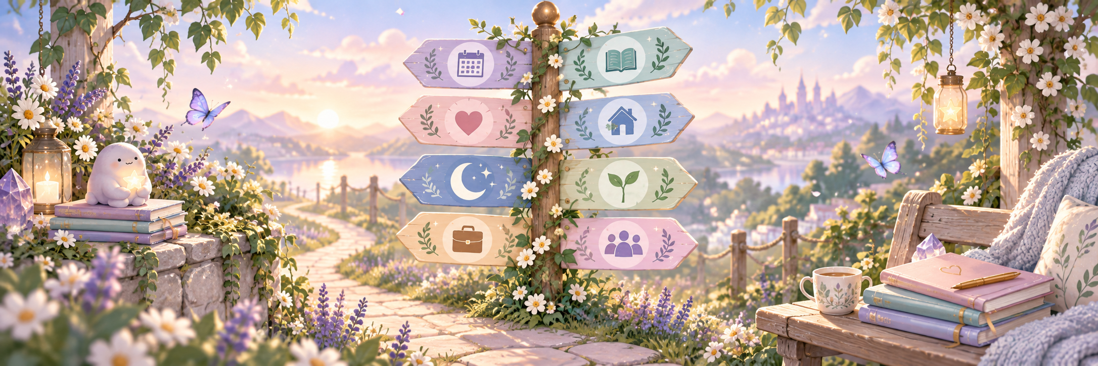 Pastel goal pathways for planning, learning, feelings, daily life, rest, growth, work and connection.