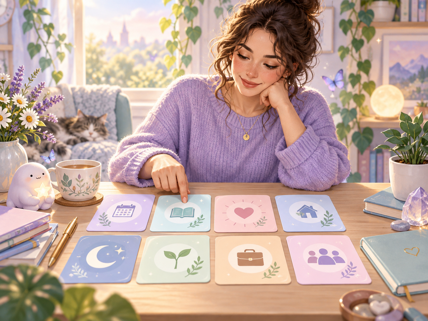 A person choosing between gentle pastel goal cards for planning, learning, feelings, daily life, rest, growth, work and connection.