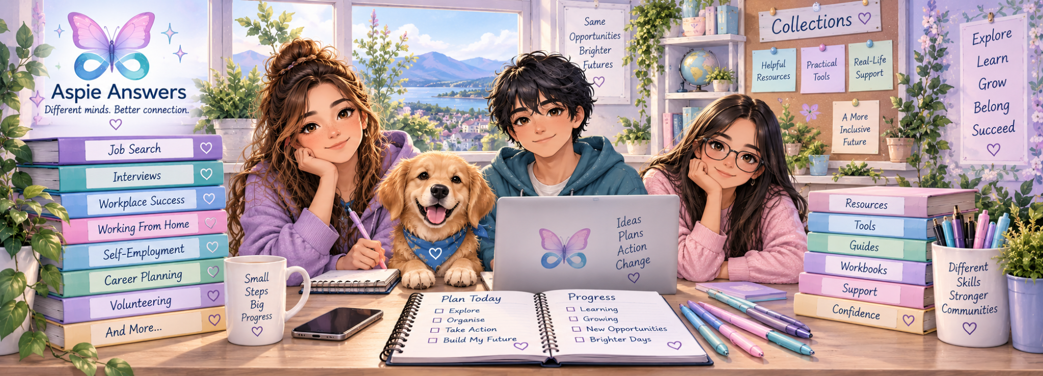Small changes, fairer access and more opportunities — illustrated Aspie Answers divider.