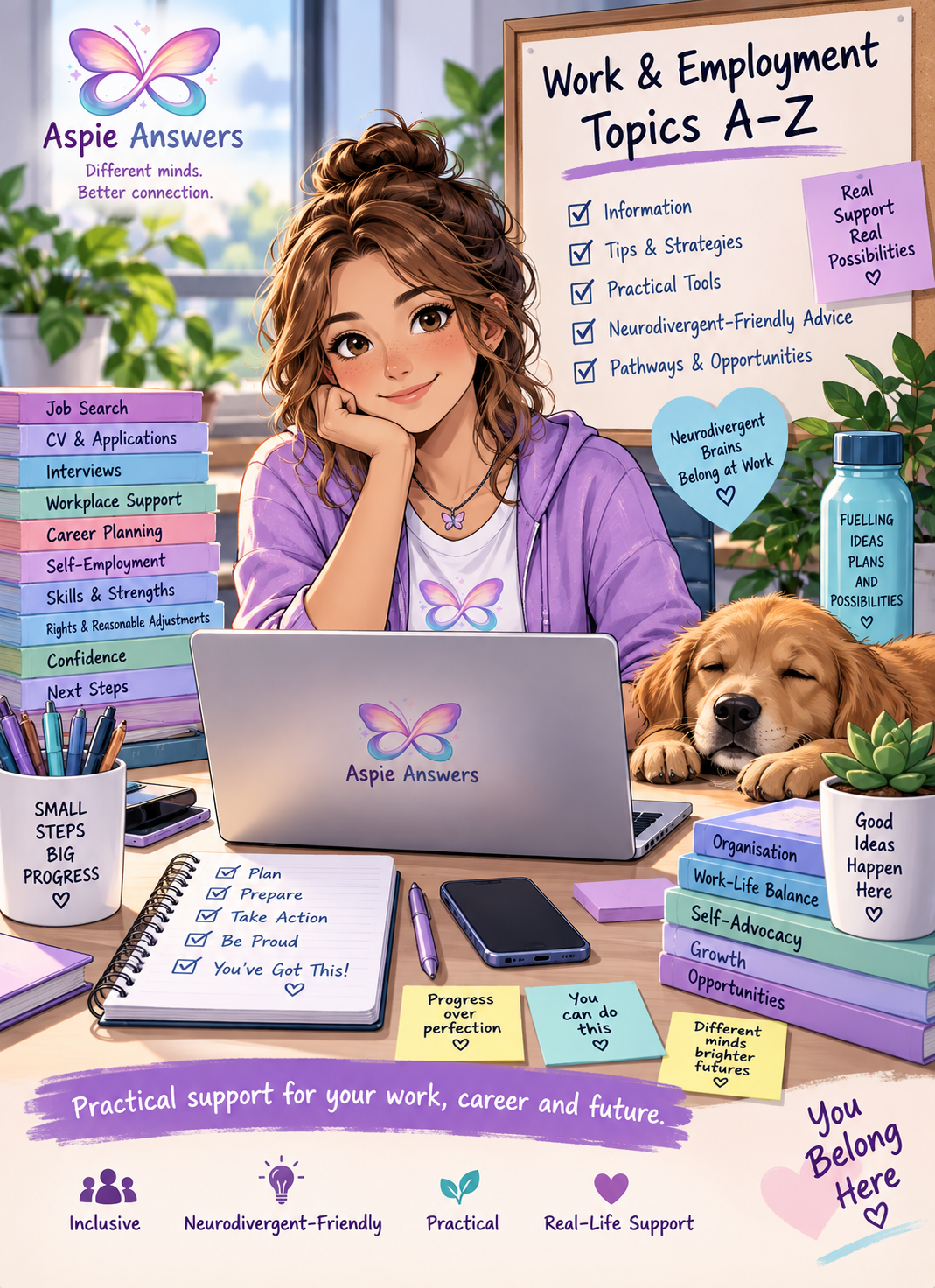 Aspie Answers illustration exploring Work and Employment Topics A to Z including job search, applications, interviews, workplace support, career planning and next steps.
