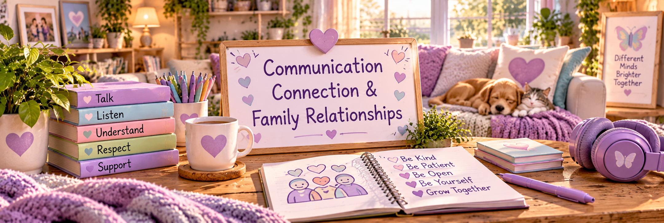 Communication and family relationships visual with reminders to talk, listen, understand, respect and support