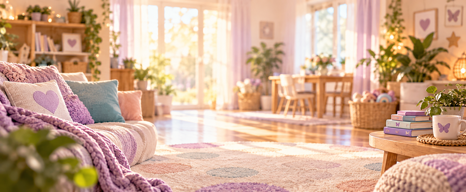 Calm, sensory-friendly family living space with soft furnishings, warm light and gentle pastel colours