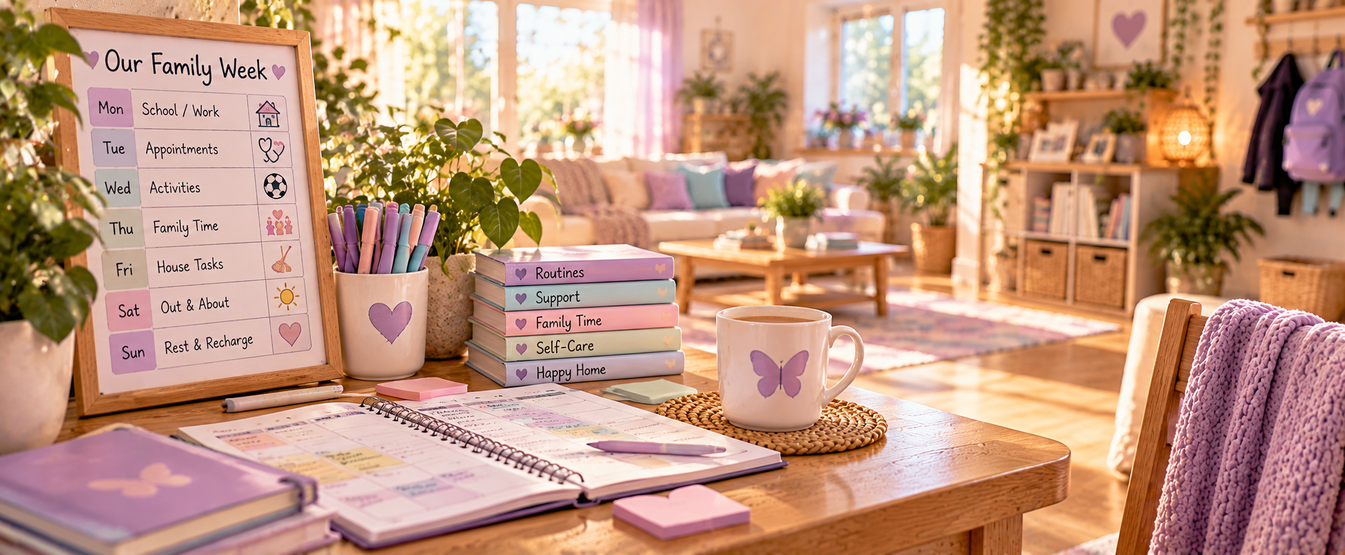 Family planning and routines visual with a weekly family planner, reminders, books and everyday support tools